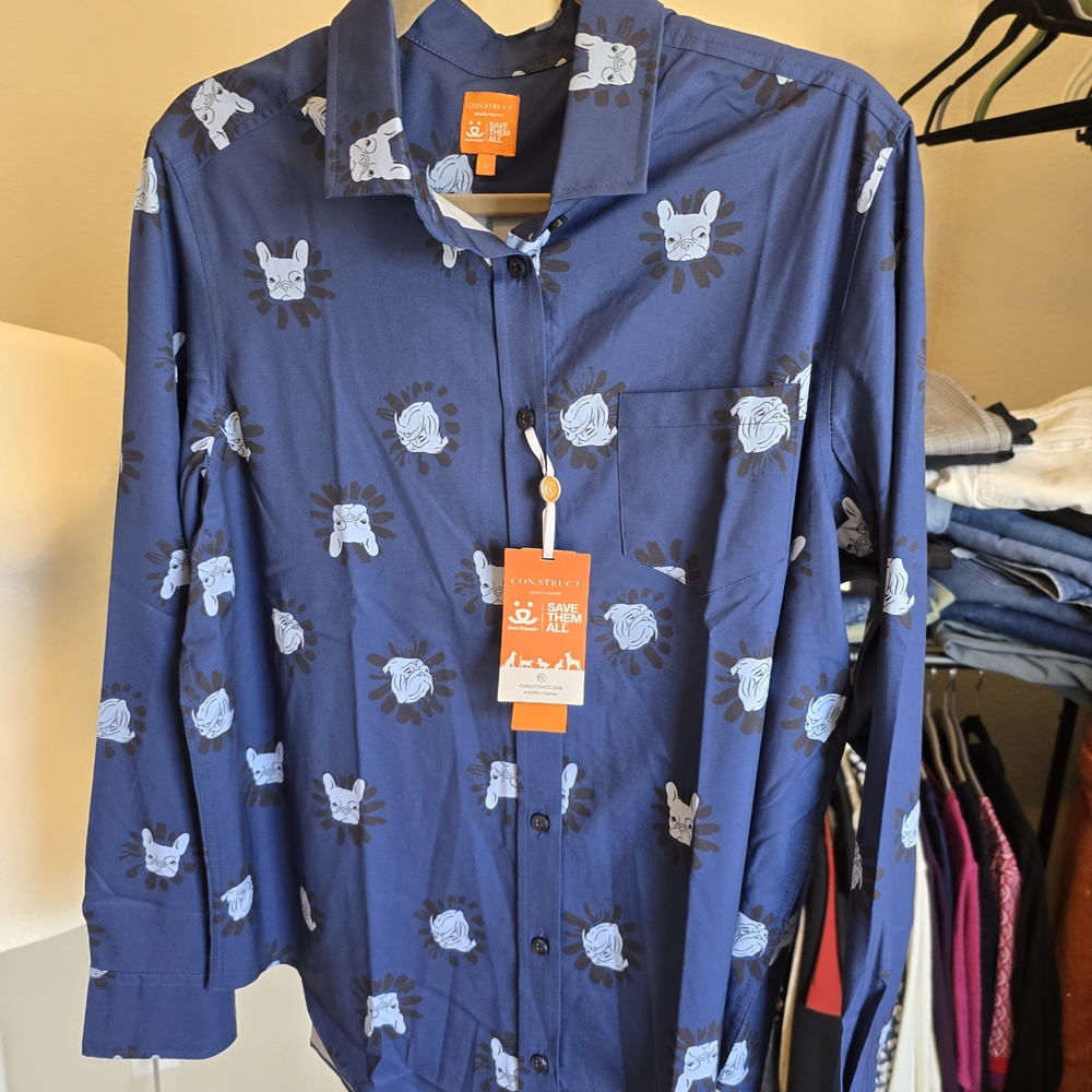 CON.STRUCT + Best Friends Navy Bulldog French Bulldog Button Down Large NWT